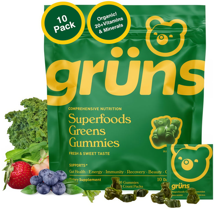 Gruns Adults Super Greens MultivitaminGummies, Superfood Vitamin GummyBears with Spirulina, Chlorella, Prebiotic Fiber for Digestive Health, AdaptogensSupplement, 20 Vitamins & Minerals(2 PACK)